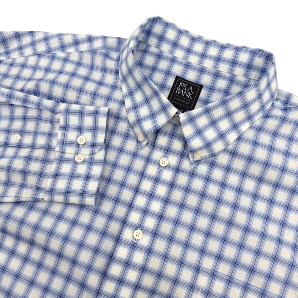 Jos A Bank Shirt Men 3X Blue Plaid Traveler Slim Fit Long Sleeve Cotton Casual